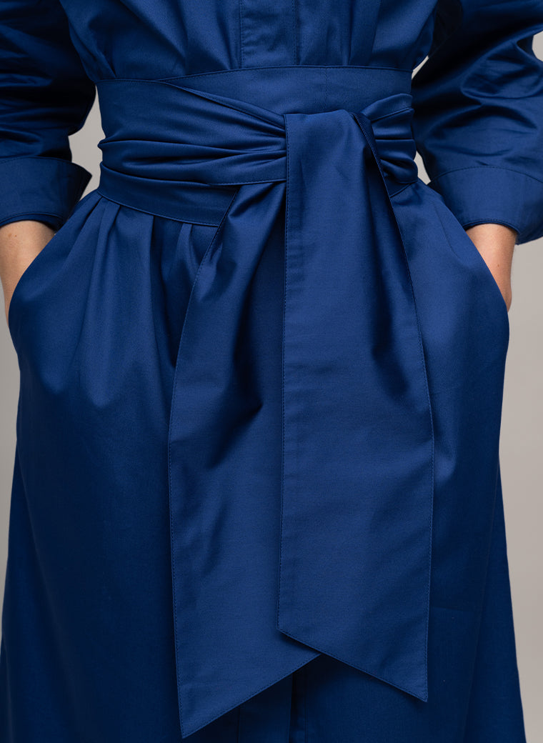 OTTILIE COTTON SATEEN EVERYDAY WORKWEAR MIDI SHIRT DRESS WITH OBI BELT IN ROYAL BLUE