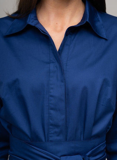 OTTILIE COTTON SATEEN EVERYDAY WORKWEAR MIDI SHIRT DRESS WITH OBI BELT IN ROYAL BLUE