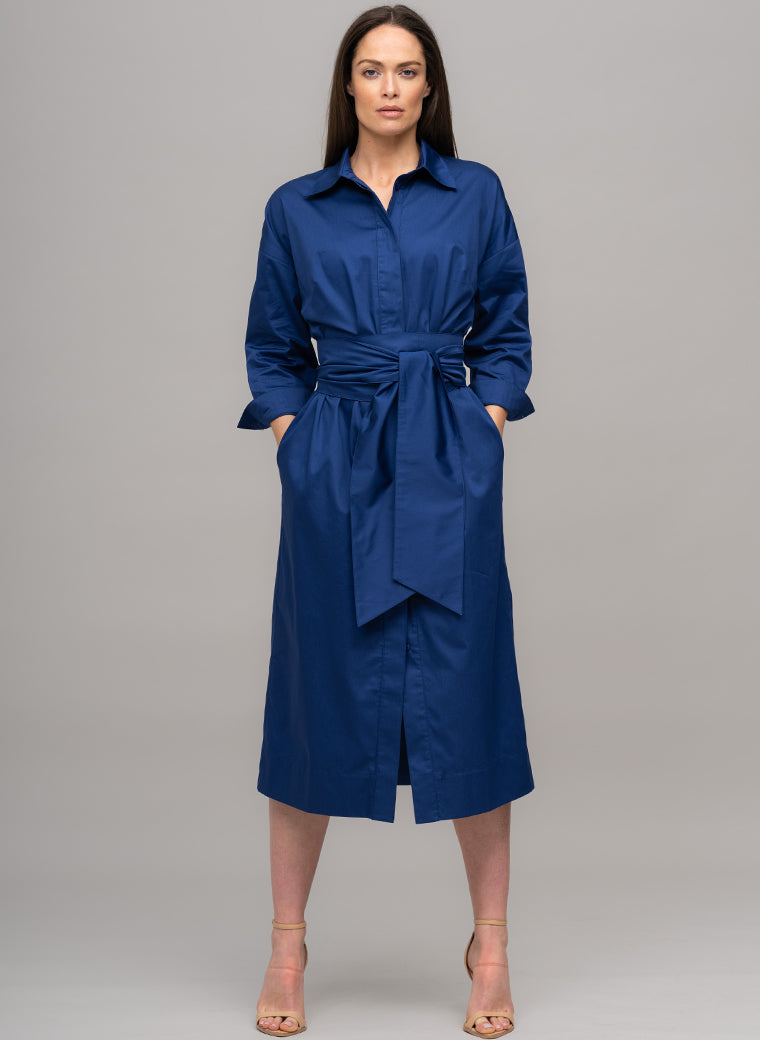 OTTILIE COTTON SATEEN EVERYDAY WORKWEAR MIDI SHIRT DRESS WITH OBI BELT IN ROYAL BLUE