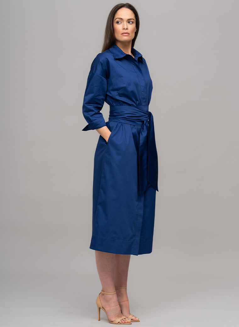 OTTILIE COTTON SATEEN EVERYDAY WORKWEAR MIDI SHIRT DRESS WITH OBI BELT IN ROYAL BLUE