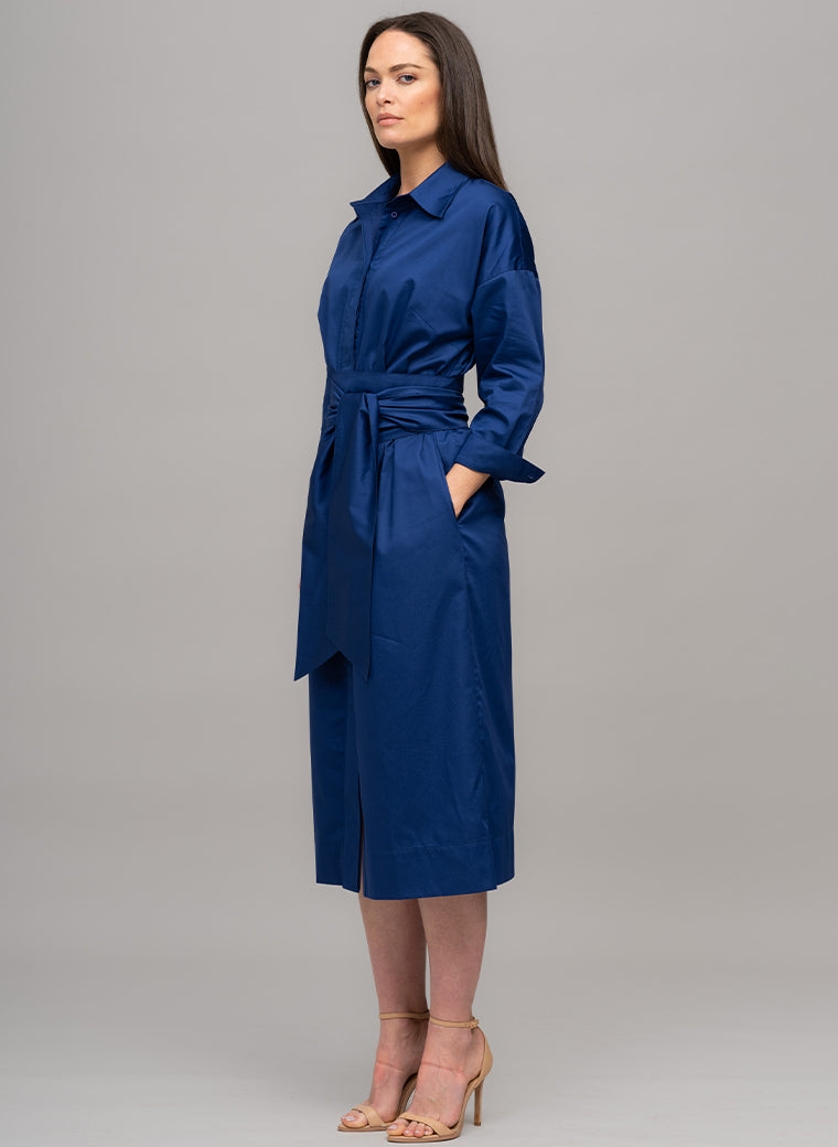 OTTILIE COTTON SATEEN EVERYDAY WORKWEAR MIDI SHIRT DRESS WITH OBI BELT IN ROYAL BLUE