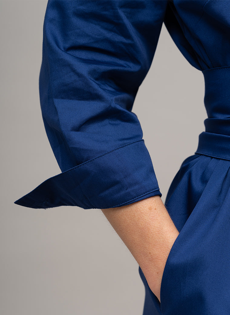 OTTILIE COTTON SATEEN EVERYDAY WORKWEAR MIDI SHIRT DRESS WITH OBI BELT IN ROYAL BLUE