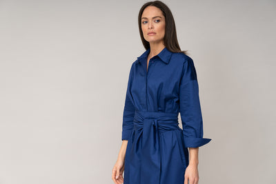 OTTILIE COTTON SATEEN EVERYDAY WORKWEAR MIDI SHIRT DRESS WITH OBI BELT IN ROYAL BLUE