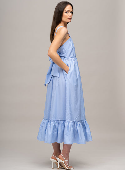 PALM BEACH SLEEVELESS COTTON SUNDRESS WITH BOW IN BLUE/WHITE MINI STRIPE