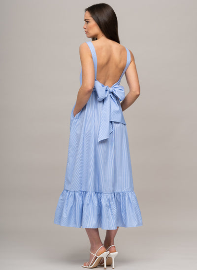 PALM BEACH SLEEVELESS COTTON SUNDRESS WITH BOW IN BLUE/WHITE MINI STRIPE