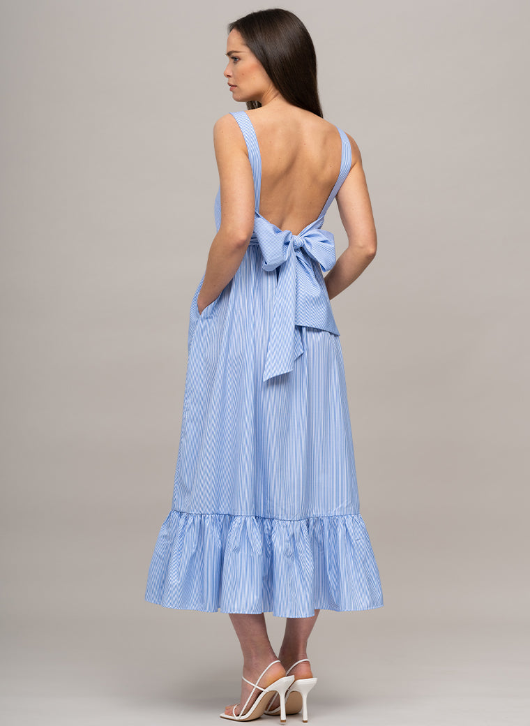 PALM BEACH SLEEVELESS COTTON SUNDRESS WITH BOW IN BLUE/WHITE MINI STRIPE