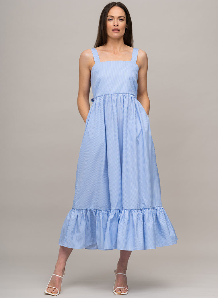 PALM BEACH SLEEVELESS COTTON SUNDRESS WITH BOW IN BLUE/WHITE MINI STRIPE