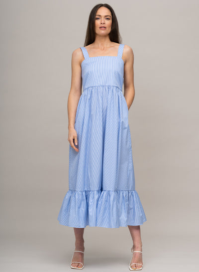 PALM BEACH SLEEVELESS COTTON SUNDRESS WITH BOW IN BLUE/WHITE MINI STRIPE