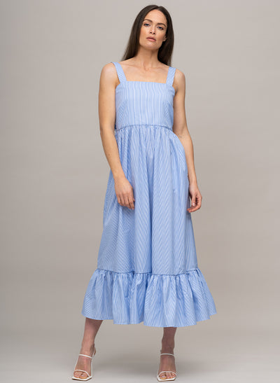 PALM BEACH SLEEVELESS COTTON SUNDRESS WITH BOW IN BLUE/WHITE MINI STRIPE