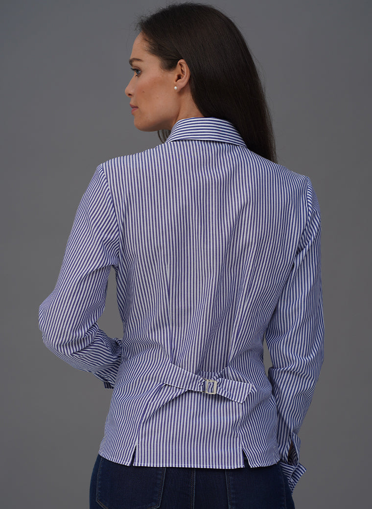 SANDRA BLUE STRIPE FRILL FRONT COTTON SHIRT