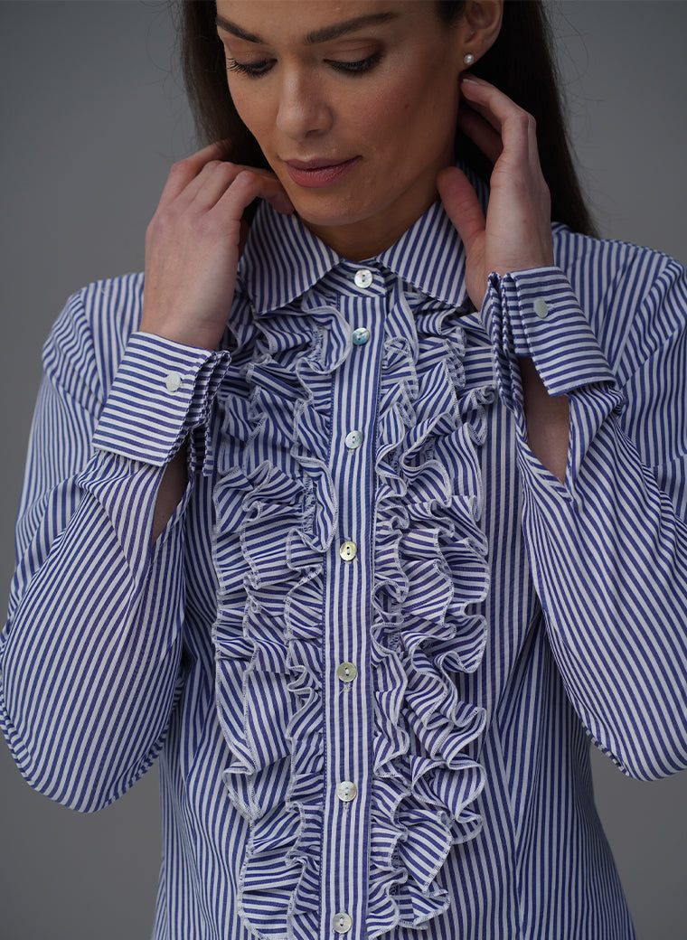 SANDRA BLUE STRIPE FRILL FRONT COTTON SHIRT
