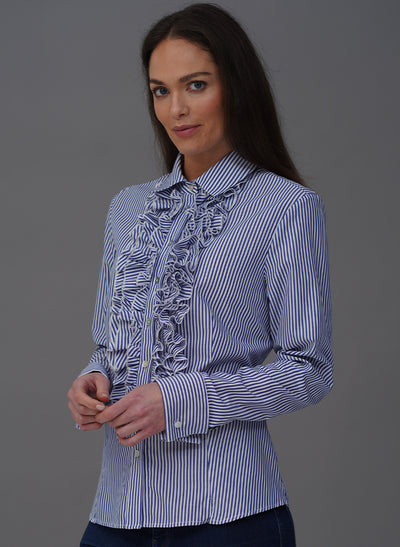 SANDRA BLUE STRIPE FRILL FRONT COTTON SHIRT
