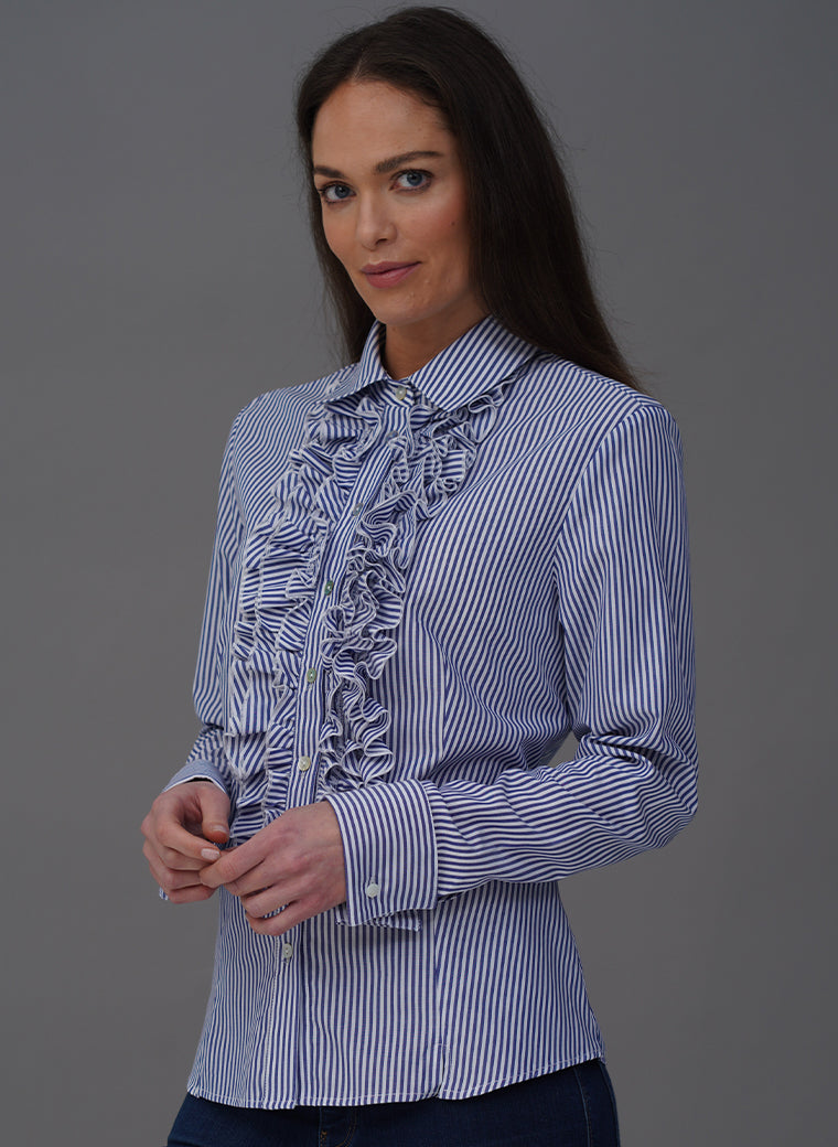 SANDRA BLUE STRIPE FRILL FRONT COTTON SHIRT