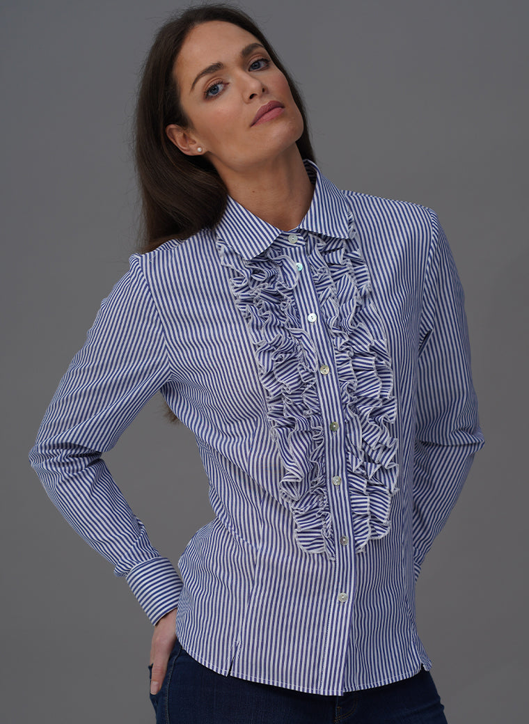 SANDRA BLUE STRIPE FRILL FRONT COTTON SHIRT