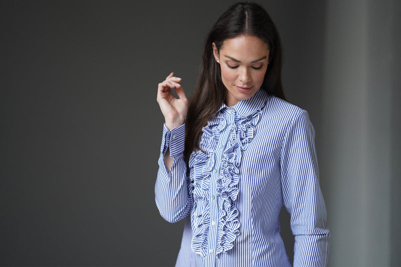 SANDRA BLUE STRIPE FRILL FRONT COTTON SHIRT