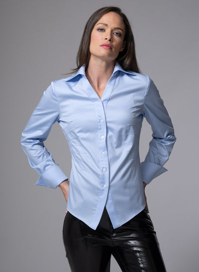 STELLA LIGHT BLUE DARTED WAIST V-NECK COTTON SHIRT