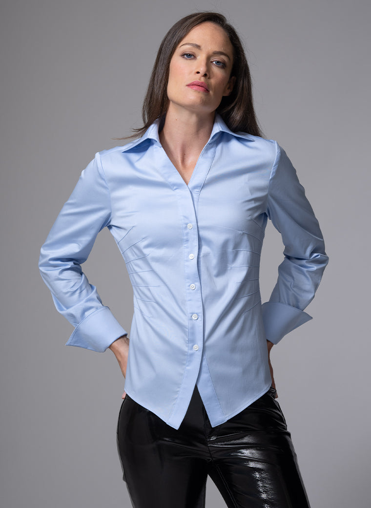 STELLA LIGHT BLUE DARTED WAIST V-NECK COTTON SHIRT – The Shirt Company