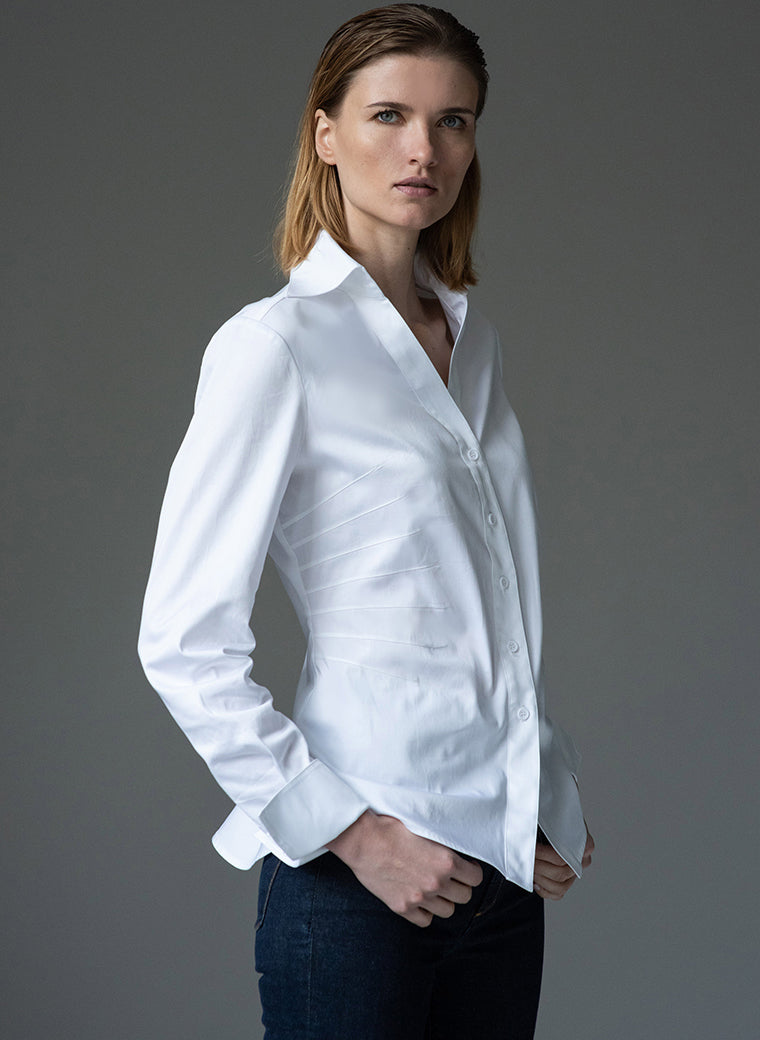 Stella White Darted Waist V-Neck Cotton Shirt | The Shirt Company
