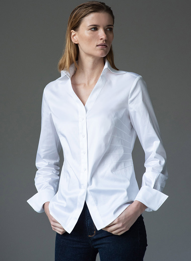 Stella White Darted Waist V-Neck Cotton Shirt | The Shirt Company