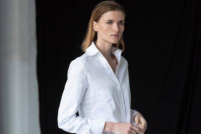 STELLA WHITE DARTED WAIST V-NECK COTTON SHIRT