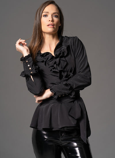 VERA BLACK FRILLY CROSS OVER WRAP EVENING SHIRT