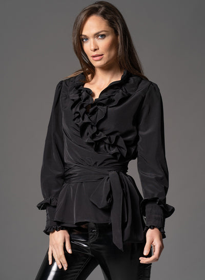 VERA BLACK FRILLY CROSS OVER WRAP EVENING SHIRT