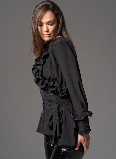 VERA BLACK FRILLY CROSS OVER WRAP EVENING SHIRT