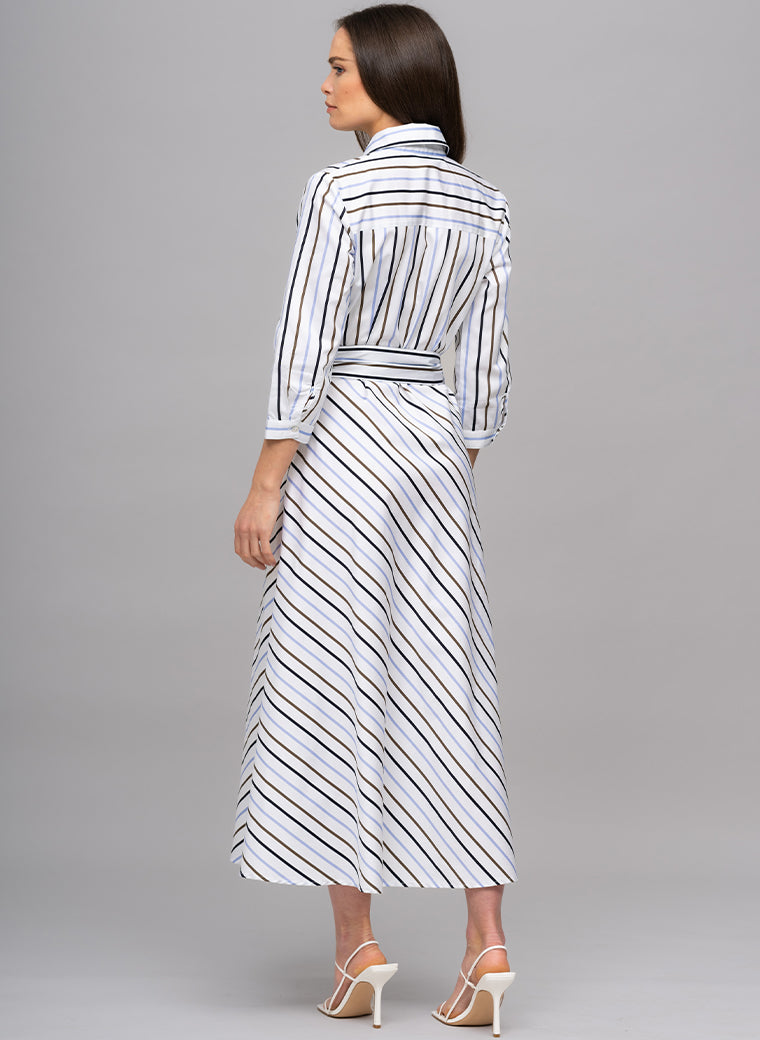 VERONICA COTTON BUTTON DOWN SHIRT DRESS IN BLUE, CHOCOLATE, AND NAVY STRIPE