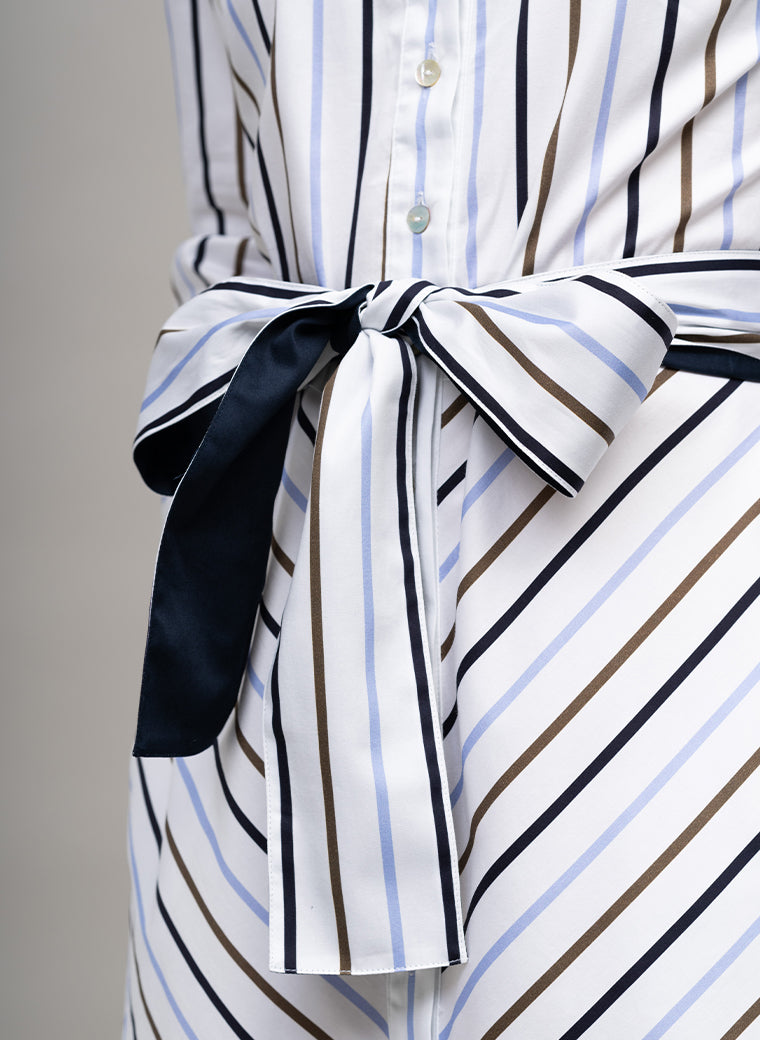 VERONICA COTTON BUTTON DOWN SHIRT DRESS IN BLUE, CHOCOLATE, AND NAVY STRIPE