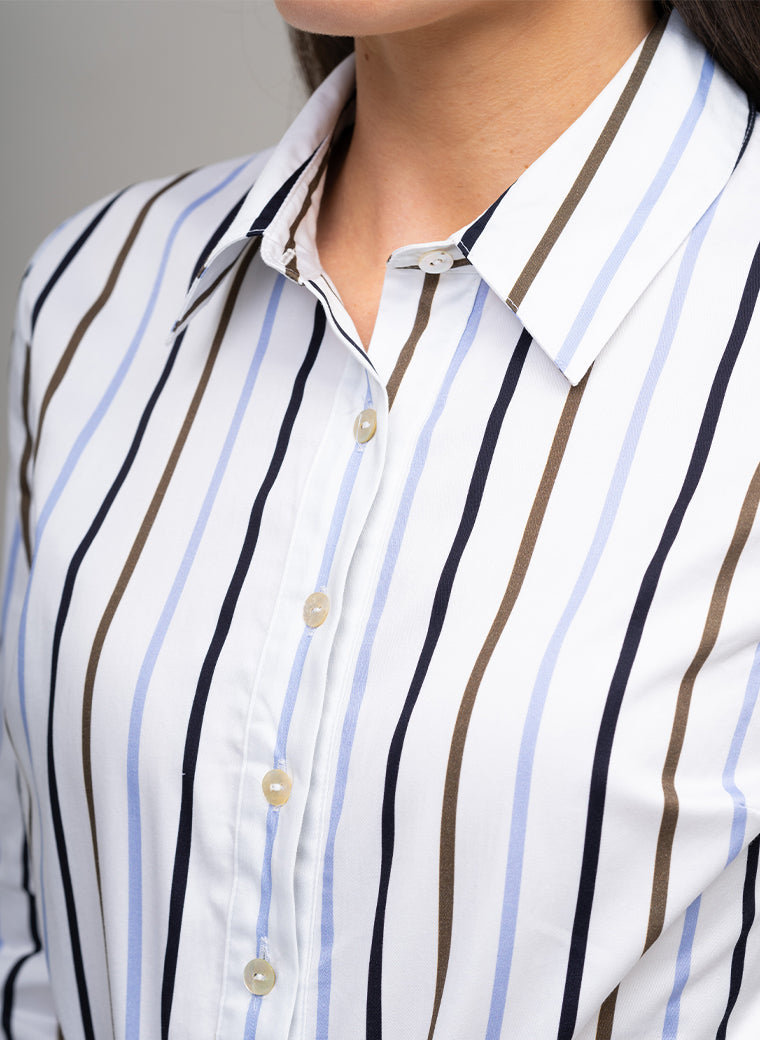 VERONICA COTTON BUTTON DOWN SHIRT DRESS IN BLUE, CHOCOLATE, AND NAVY STRIPE