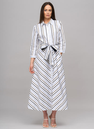 VERONICA COTTON BUTTON DOWN SHIRT DRESS IN BLUE, CHOCOLATE, AND NAVY STRIPE