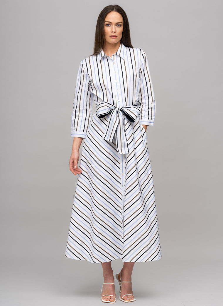 VERONICA COTTON BUTTON DOWN SHIRT DRESS IN BLUE, CHOCOLATE, AND NAVY STRIPE