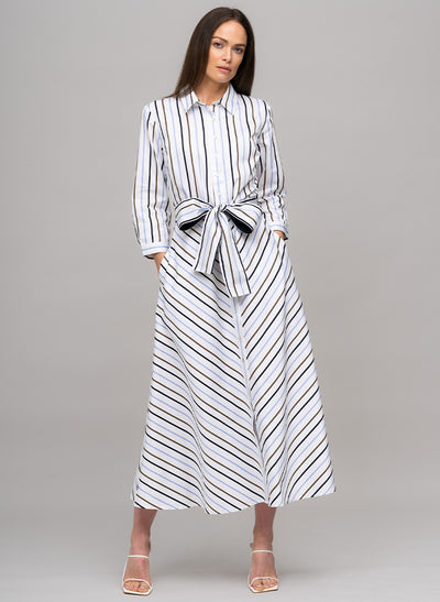 VERONICA COTTON BUTTON DOWN SHIRT DRESS IN BLUE, CHOCOLATE, AND NAVY STRIPE