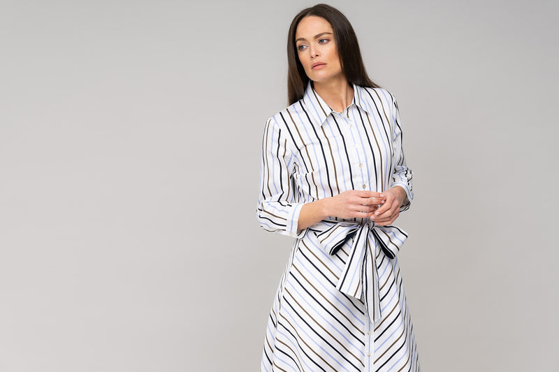 VERONICA COTTON BUTTON DOWN SHIRT DRESS IN BLUE, CHOCOLATE, AND NAVY STRIPE