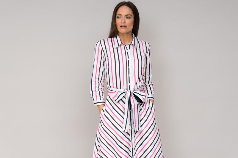 VERONICA COTTON BUTTON DOWN SHIRT DRESS IN PINK, CHOCOLATE, AND NAVY STRIPE