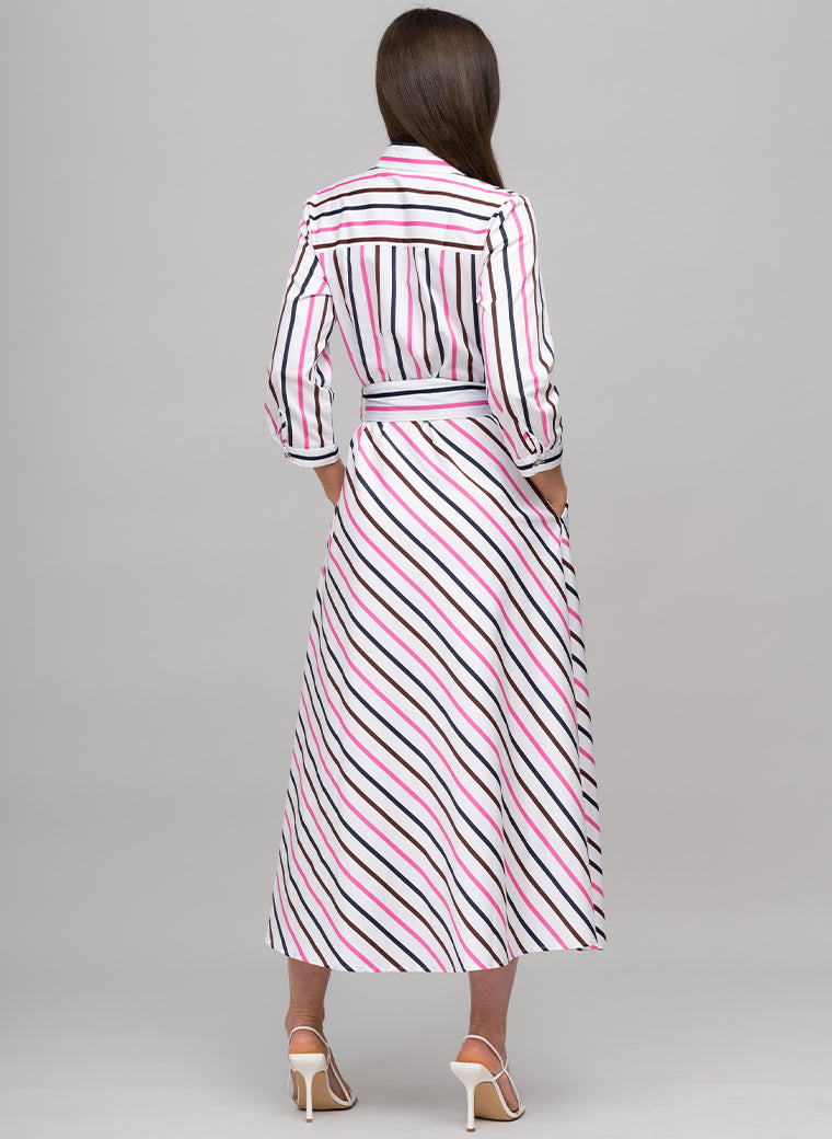 VERONICA COTTON BUTTON DOWN SHIRT DRESS IN PINK, CHOCOLATE, AND NAVY STRIPE