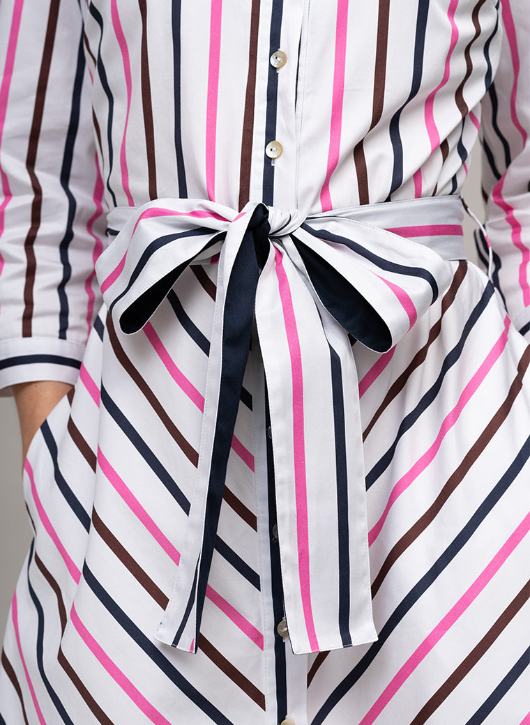 VERONICA COTTON BUTTON DOWN SHIRT DRESS IN PINK, CHOCOLATE, AND NAVY STRIPE
