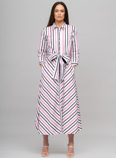 VERONICA COTTON BUTTON DOWN SHIRT DRESS IN PINK, CHOCOLATE, AND NAVY STRIPE