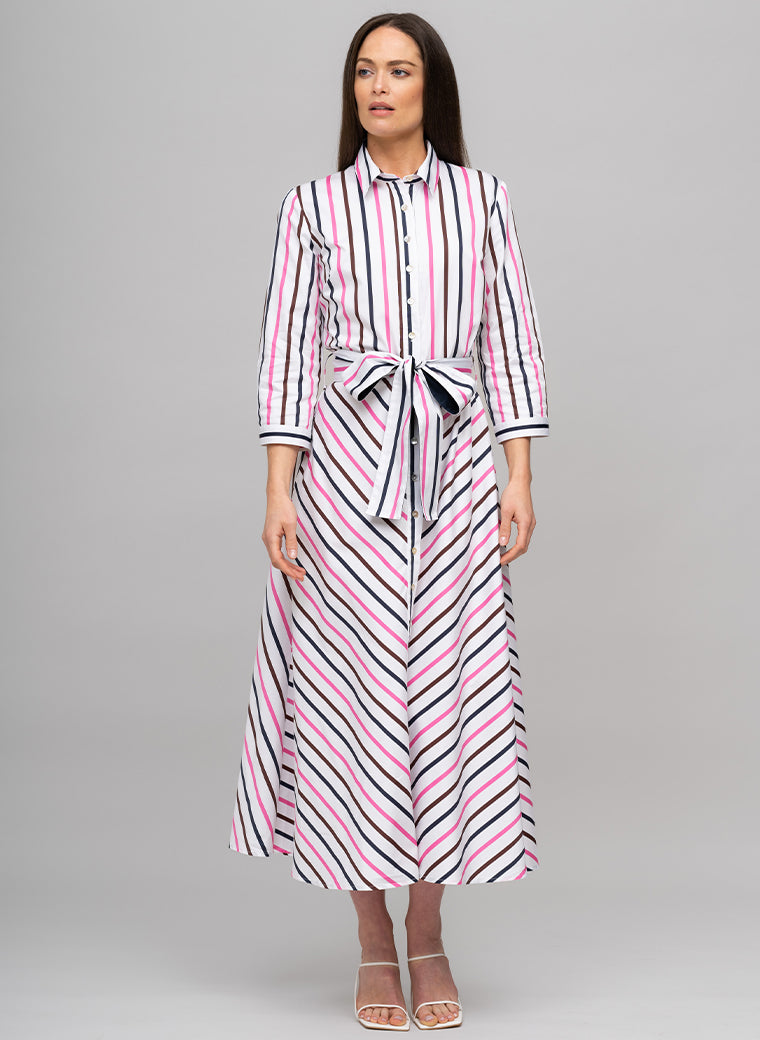 VERONICA COTTON BUTTON DOWN SHIRT DRESS IN PINK, CHOCOLATE, AND NAVY STRIPE