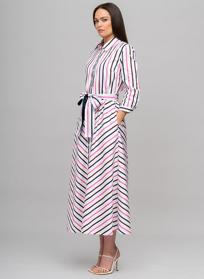 VERONICA COTTON BUTTON DOWN SHIRT DRESS IN PINK, CHOCOLATE, AND NAVY STRIPE