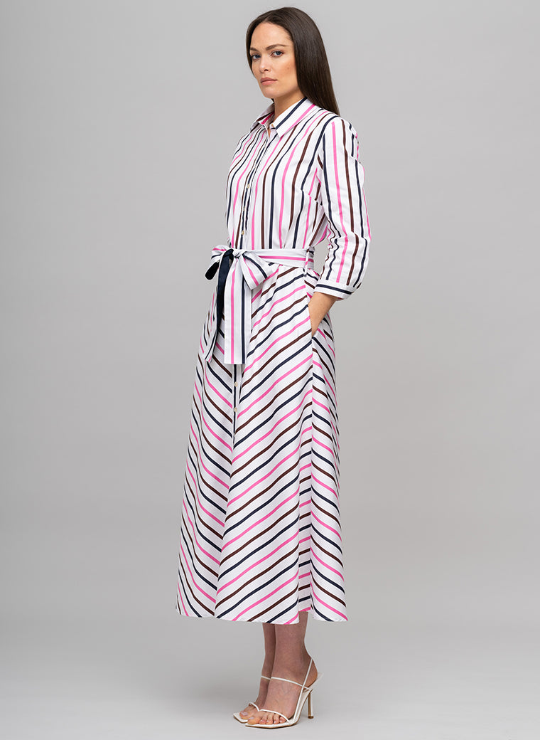 VERONICA COTTON BUTTON DOWN SHIRT DRESS IN PINK, CHOCOLATE, AND NAVY STRIPE