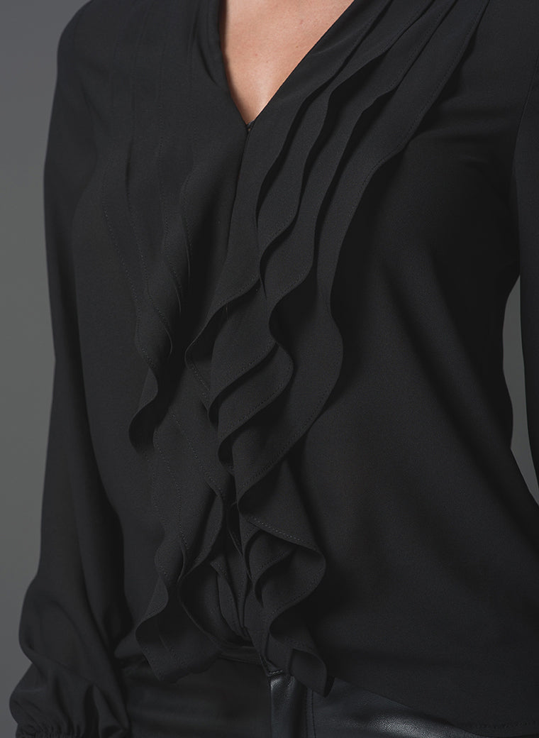 Victoria black crepe work shirt with ruffle front