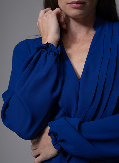 VICTORIA SAPPHIRE BLUE RUFFLED EVENING BLOUSE