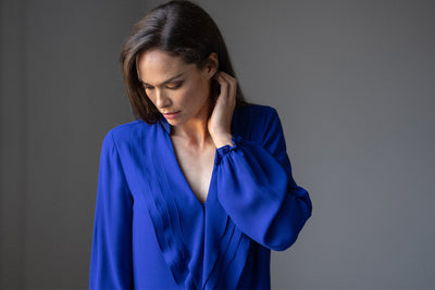 VICTORIA SAPPHIRE BLUE RUFFLED EVENING BLOUSE