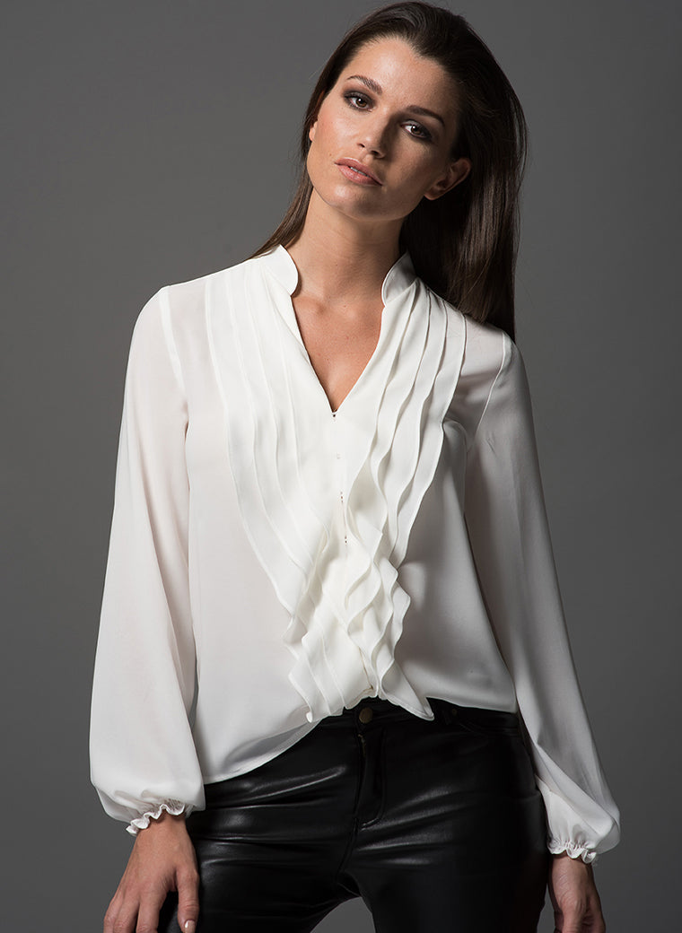 Victoria ivory ruffle work blouse viewed from the front