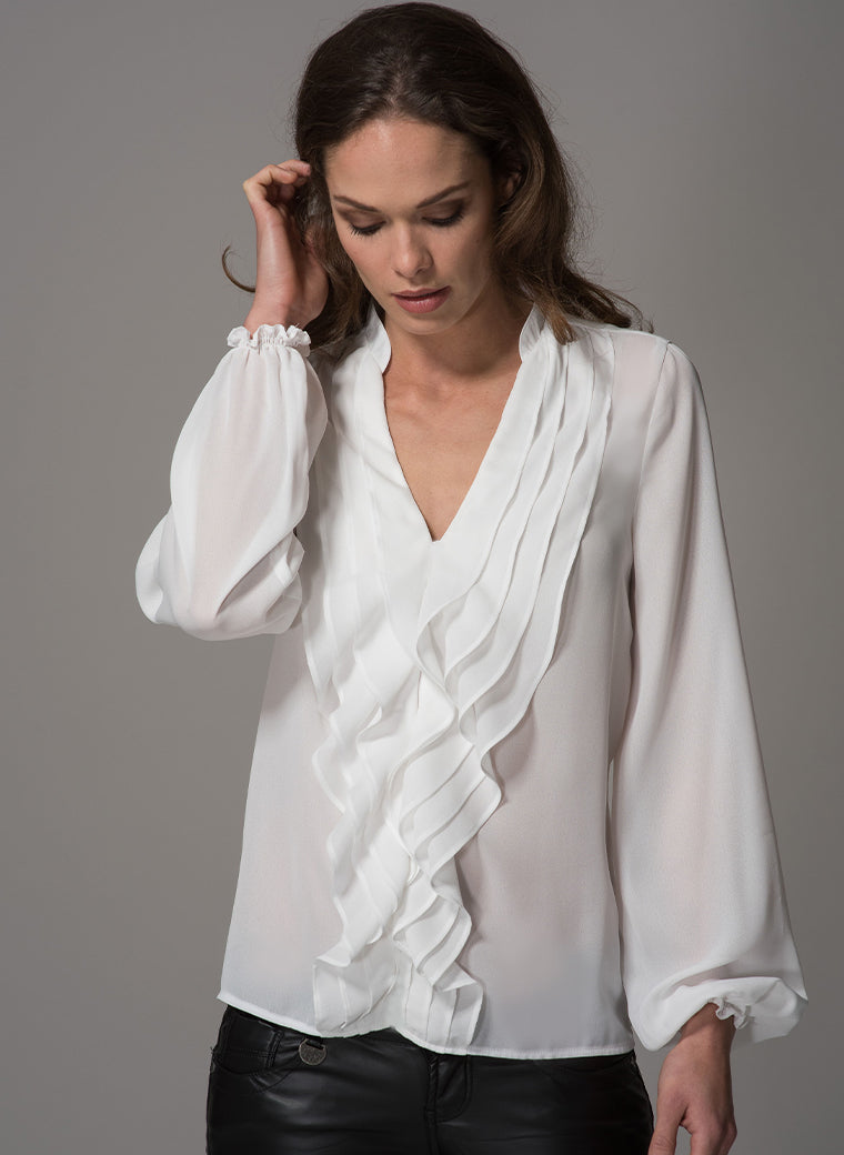 Victoria ivory ruffle long sleeve work blouse viewed from the front