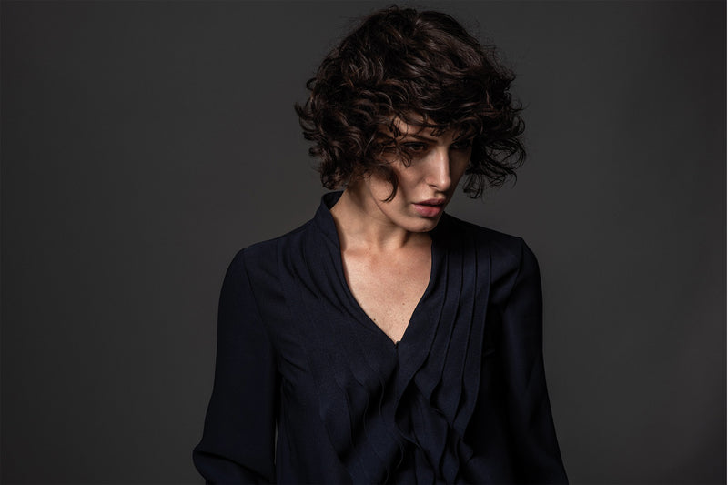 VICTORIA NAVY RUFFLED EVENING BLOUSE