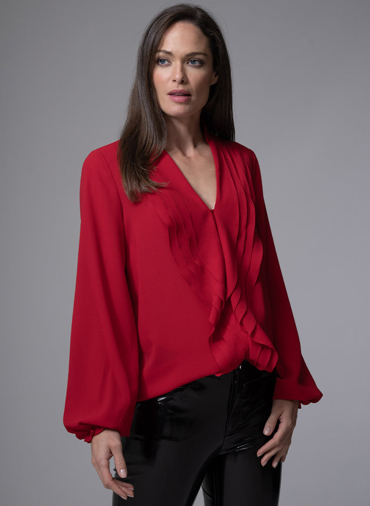 VICTORIA RED RUFFLED EVENING BLOUSE
