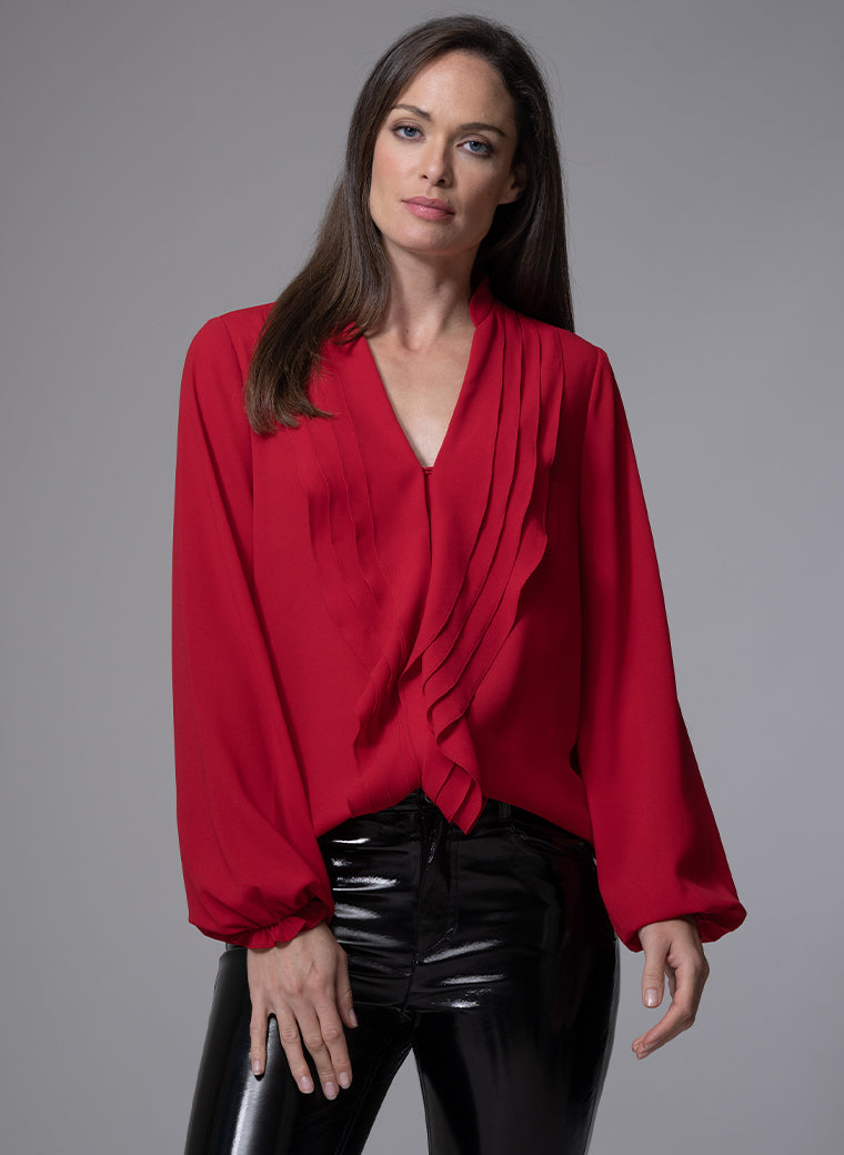 VICTORIA RED RUFFLED EVENING BLOUSE