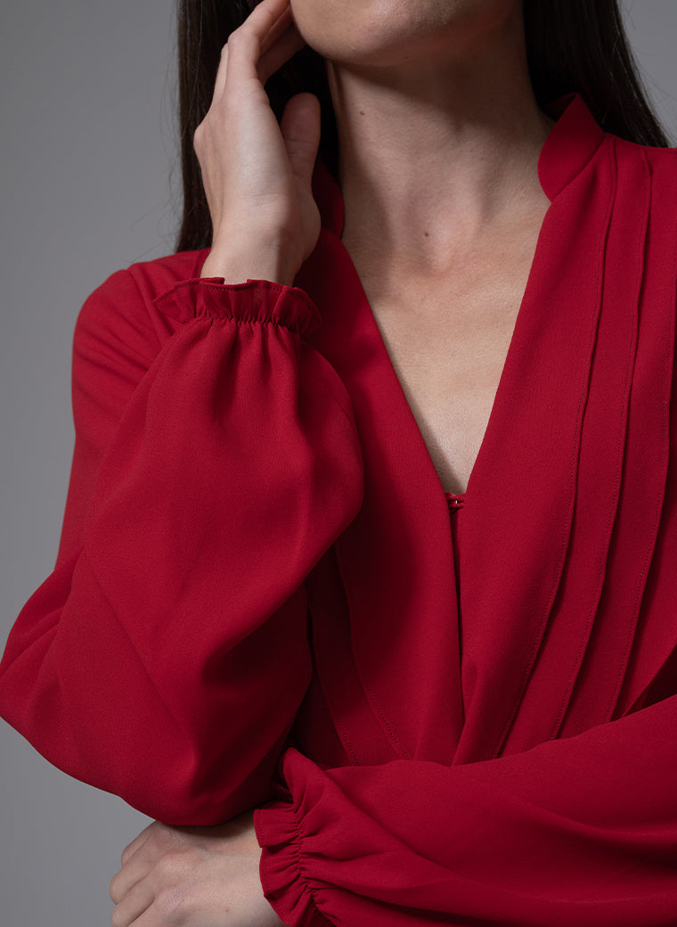 VICTORIA RED RUFFLED EVENING BLOUSE